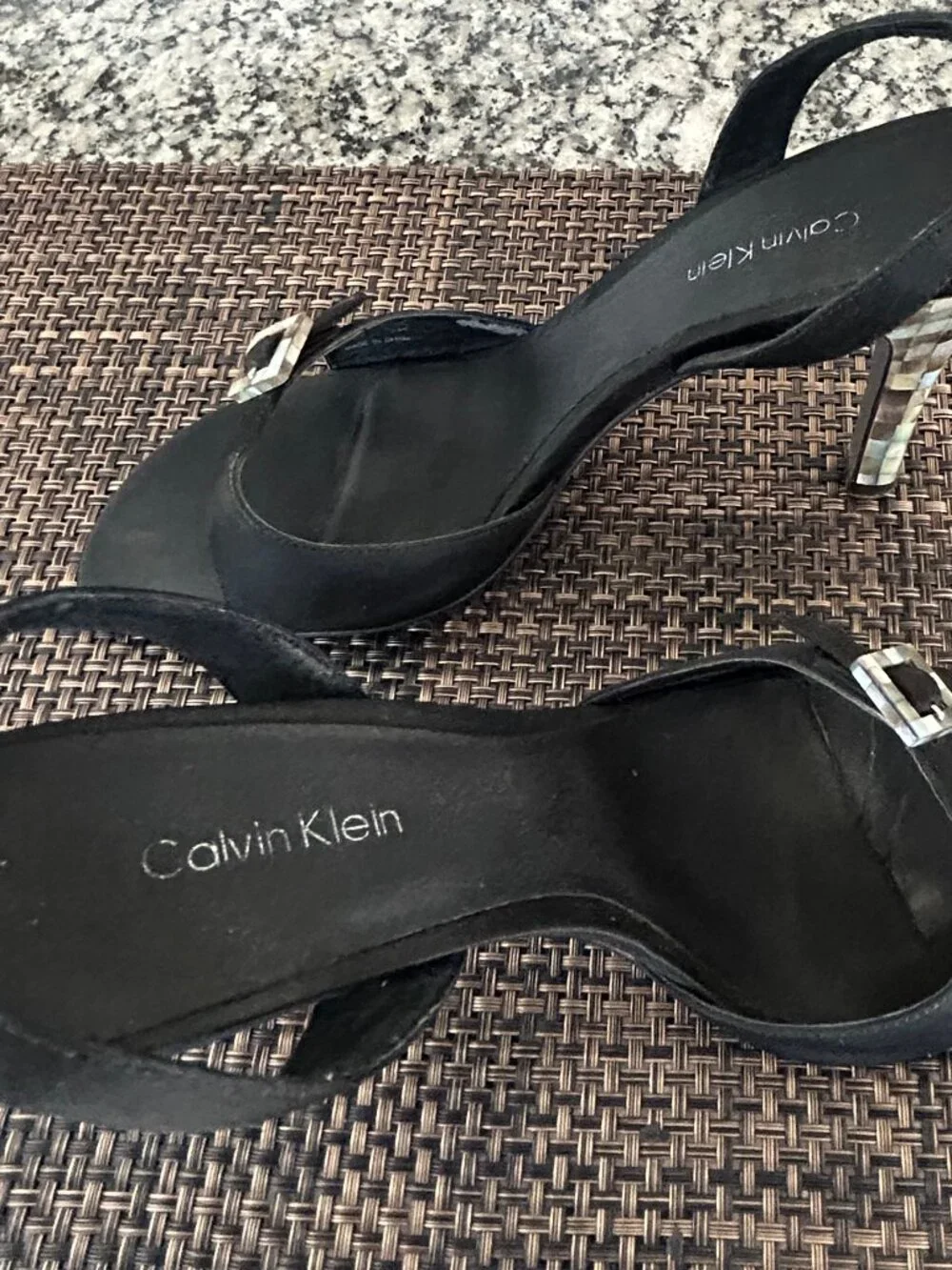 Calvin Klein Black Satin Slingback Sandals with Mosaic Shell Heel - Size 8.5